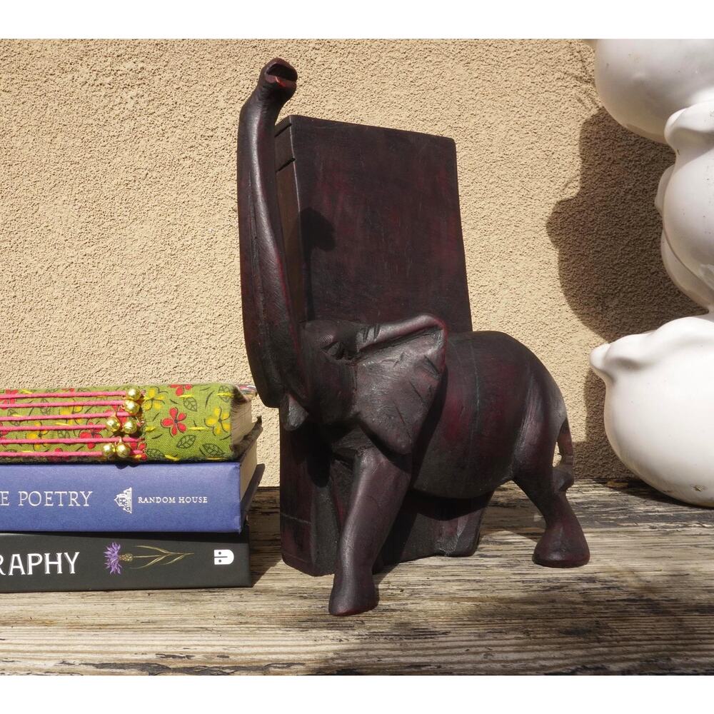 Vintage Hand Carved Heavy Wood Elephant Bookends Set of 2